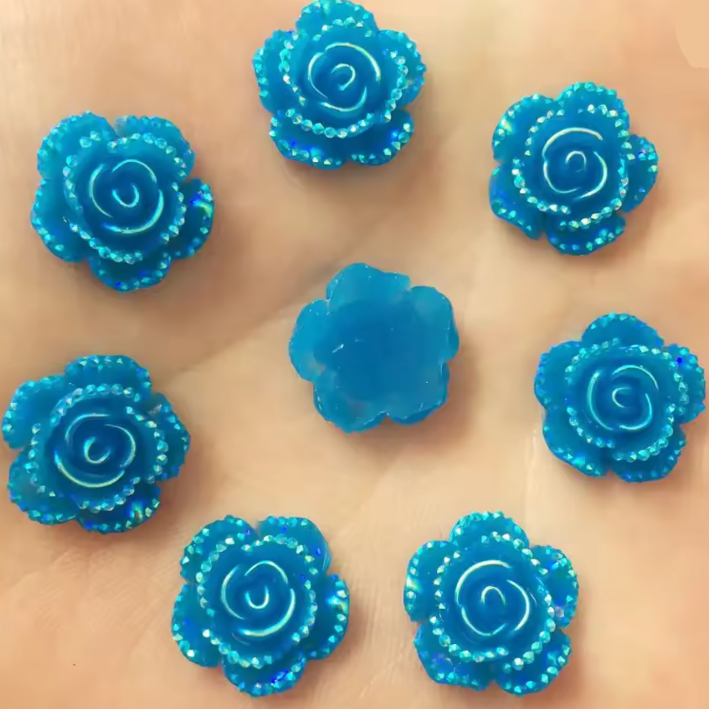 15mm Aqua Blue AB Mixed Roses with A Flat Profile, Glue on, Resin Gem, (Sold in Pair) Resin Gems