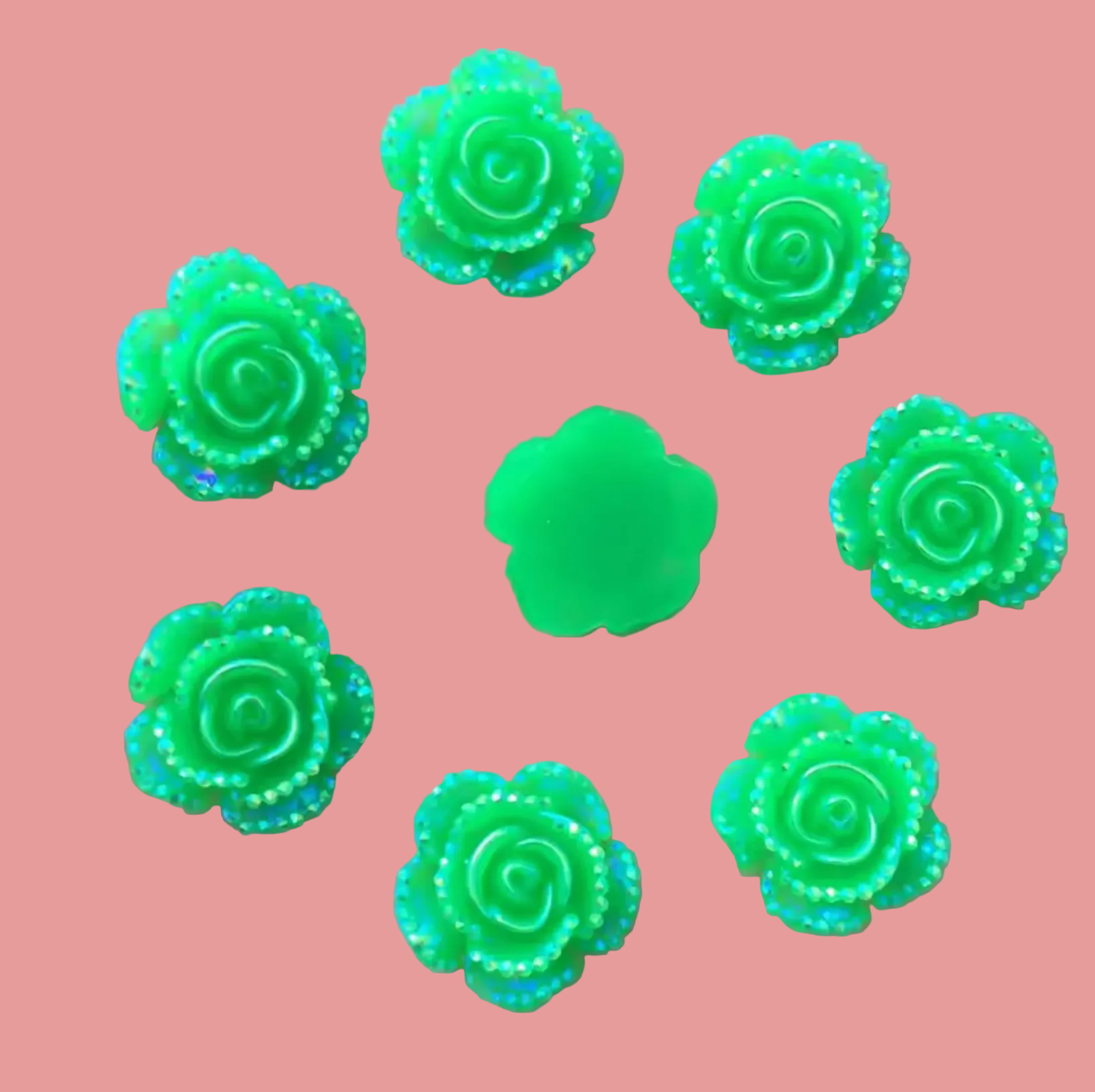15mm Light Green AB Mixed Roses with A Flat Profile, Glue on, Resin Gem, (Sold in Pair) Resin Gems