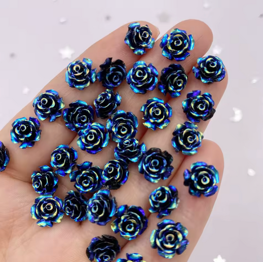 15mm Blue AB Mixed Roses with A Flat Profile, Glue on, Resin Gem, (Sold in Pair) Resin Gems