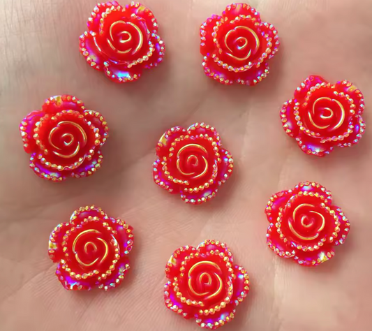 15mm Red AB Mixed Roses with A Flat Profile, Glue on, Resin Gem, (Sold in Pair) Resin Gems