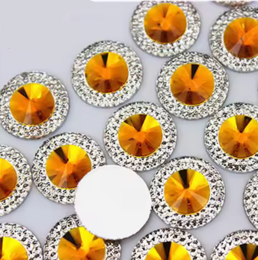20mm Yellow Jewel Tone with Silver Frame Round, Sew On, Resin Gem, (Sold in Pair) Resin Gems