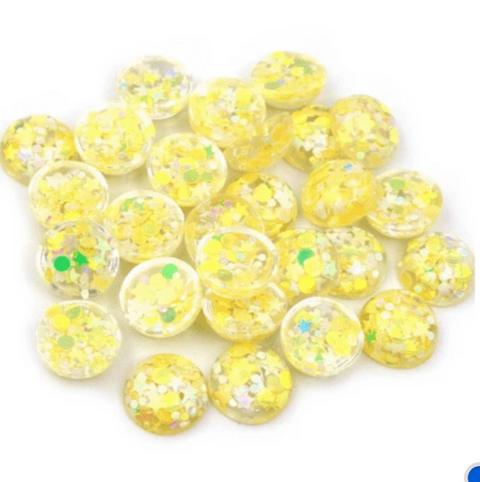 12mm Yellow AB Confetti Stars Moon AB Confetti in Clear Dome Rivoli, Glue on, Resin Gem, (Sold in Pair) Resin Gems