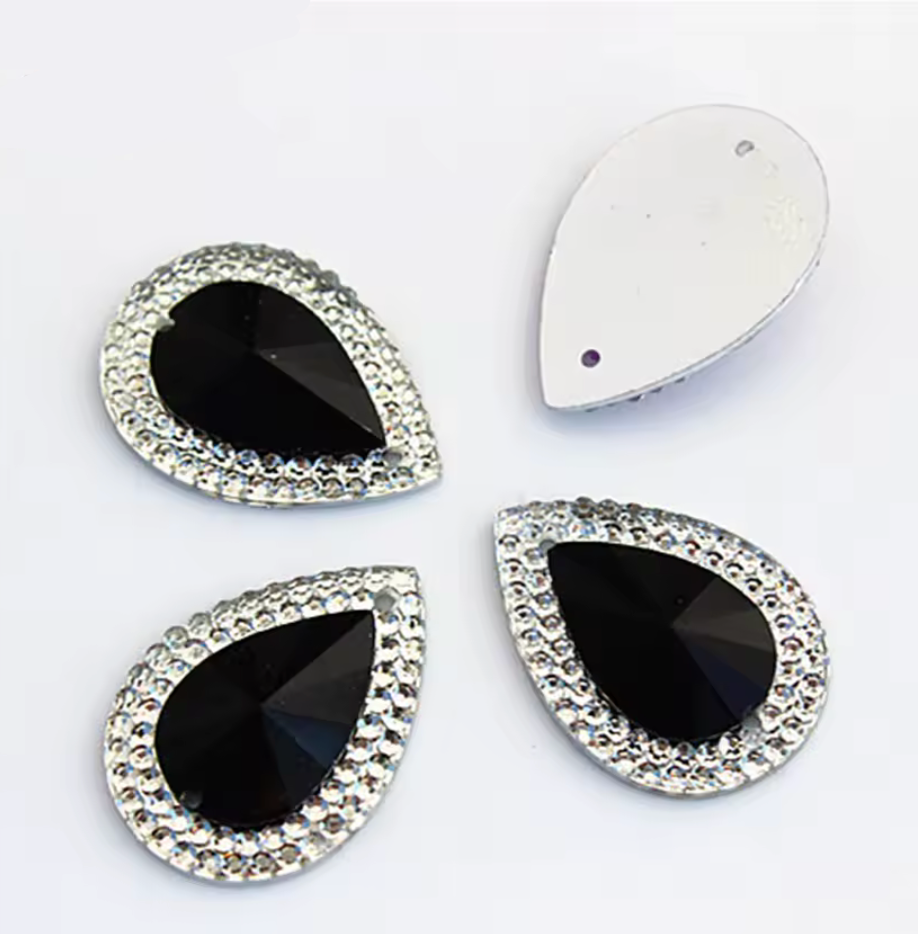 13*18mm Black Jewel Mixed Colourful Jewels with Silver Frame, Sew On, Resin Gem, (Sold in Pair) Resin Gems