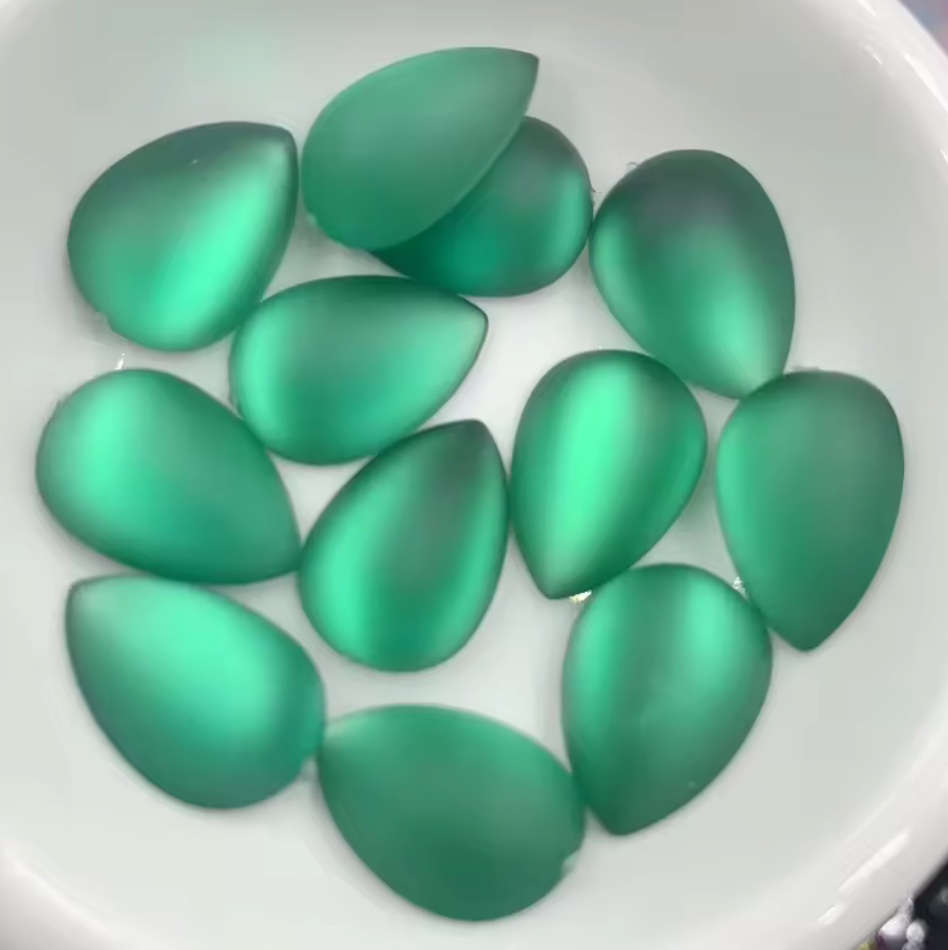 13*18mm Green Frosted Matte Droplet Teardrop Foil Back, Glue on, Resin Gem, (Sold in Pair) Resin Gems
