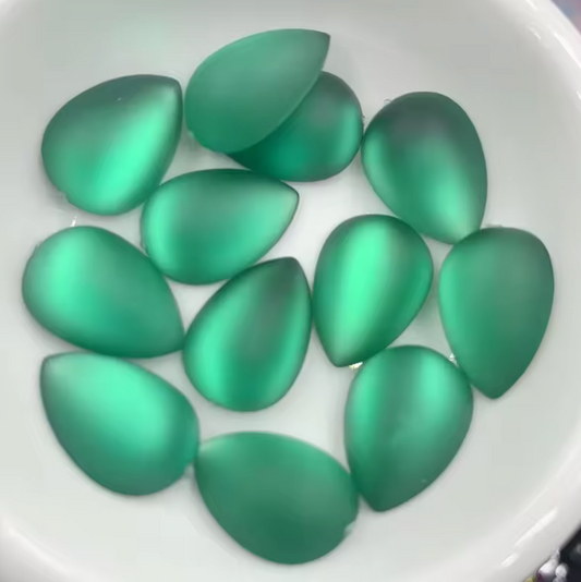 13*18mm Green Frosted Matte Droplet Teardrop Foil Back, Glue on, Resin Gem, (Sold in Pair) Resin Gems