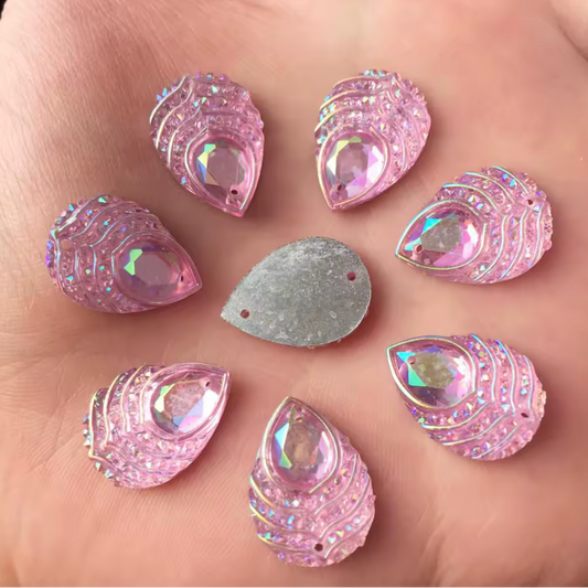 13*18mm Light Pink AB Peacock Feather with Stripes Pattern, Sew On, Resin Gem, (Sold in Pair) Resin Gems