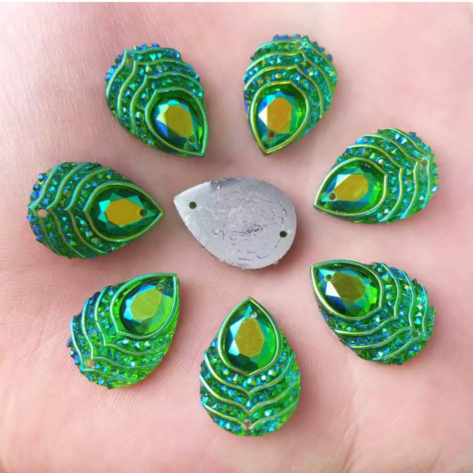 13*18mm Green AB Peacock Feather with Stripes Pattern, Sew On, Resin Gem, (Sold in Pair) Resin Gems