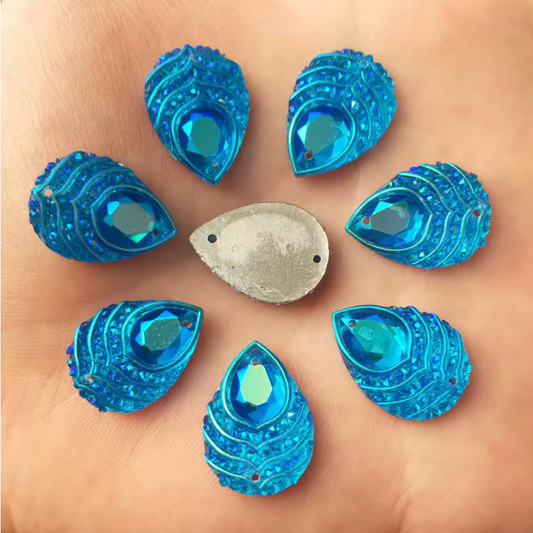 13*18mm Blue AB Peacock Feather with Stripes Pattern, Sew On, Resin Gem, (Sold in Pair) Resin Gems