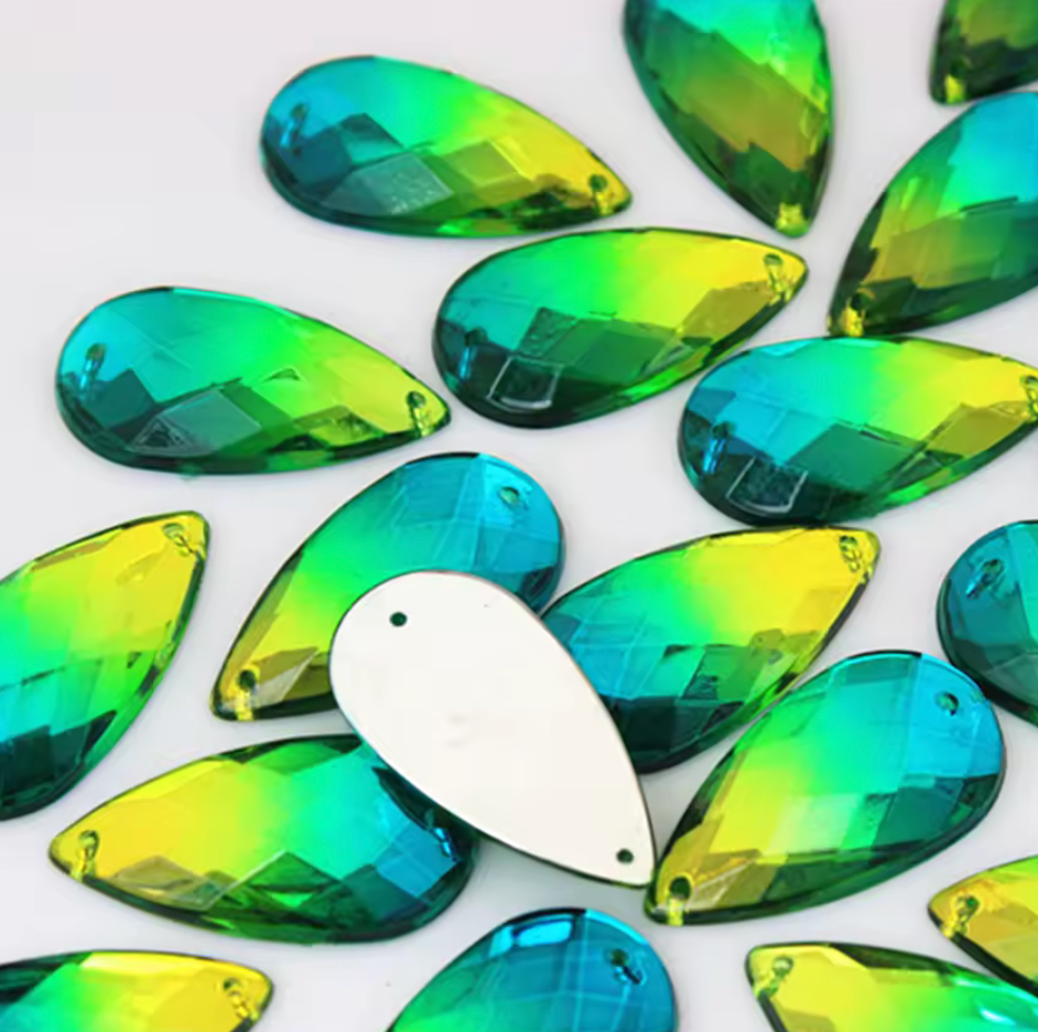 16*20mm Yellow to Teal Green Ombre Long Teardrop, Sew On, Resin Gem, (Sold in Pair) Resin Gems