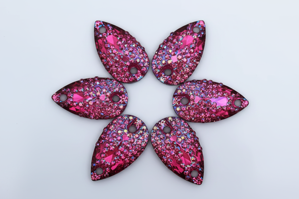 11*18mm Dark Pink AB Mixed Sparkly Zigzag Texture Teardrops, Sew On, Resin Gem, (Sold in Pair) Resin Gems