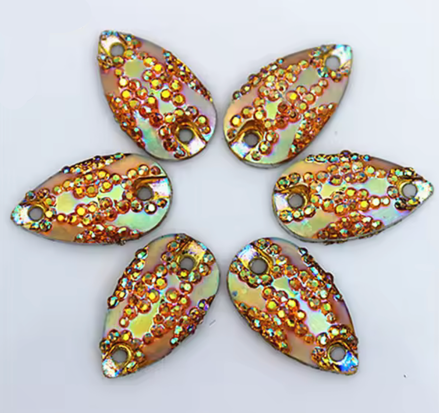 11*18mm Yellow AB Mixed Sparkly Zigzag Texture Teardrops, Sew On, Resin Gem, (Sold in Pair) Resin Gems