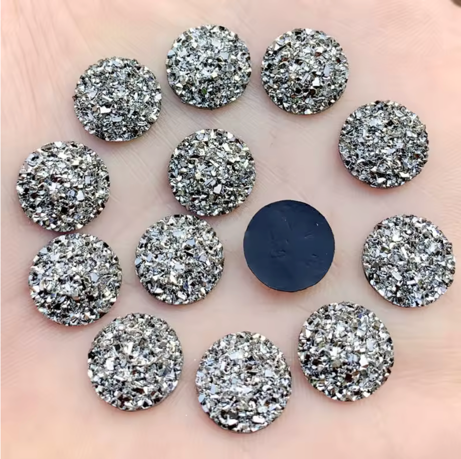 14mm Gunmetal Mixed Druzy Round, Glue on, Resin Gem, (Sold in Pair) Resin Gems