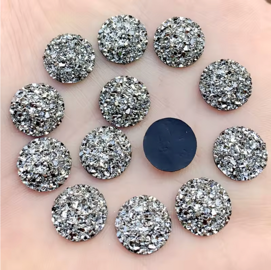 14mm Gunmetal Mixed Druzy Round, Glue on, Resin Gem, (Sold in Pair) Resin Gems