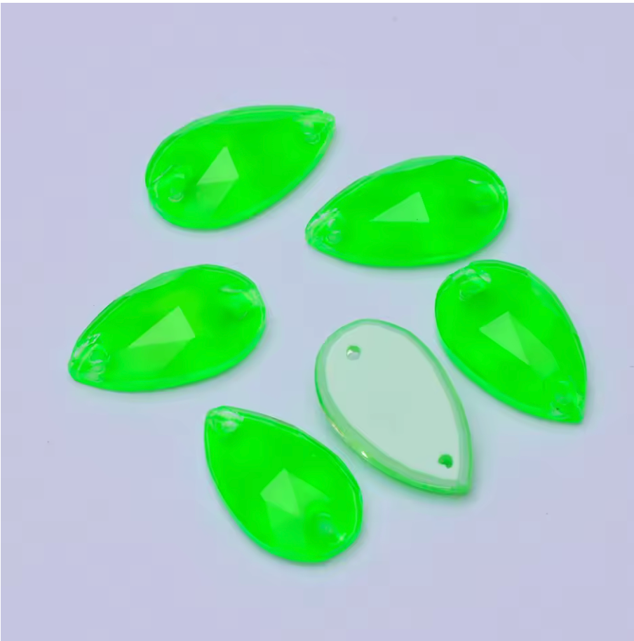 10*18mm Green Neon Teardrop, Sew On, Resin Gem, (Sold in Pair) Resin Gems