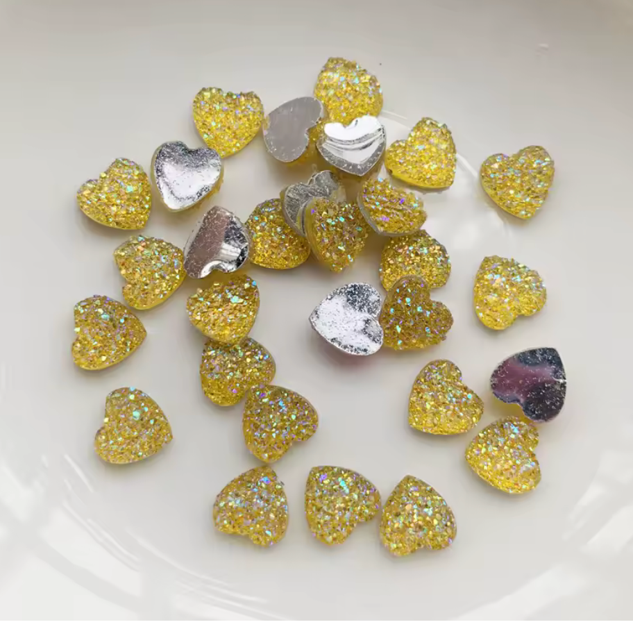 18mm Gold Yellow AB Green Light Green Dot Texture Heart, Sew On, Resin Gem, (Sold in Pair) Resin Gems