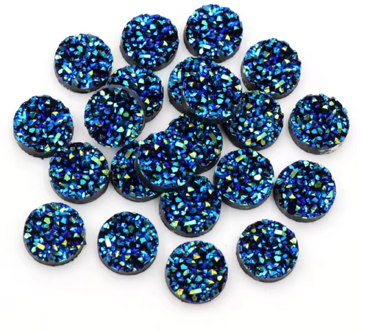 8mm Blue Metallic Textured Druzy, Glue on, Resin Gem, (Sold in Pair) Resin Gems