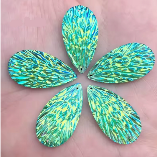 15*29mm Green AB Phoenix Texture Long Teardrop, Glue on, Resin Gem, (Sold in Pair) Resin Gems