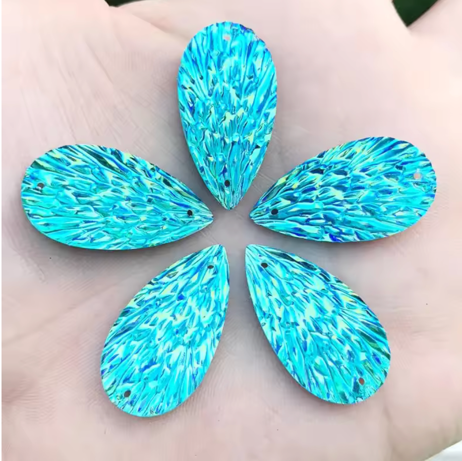 15*29mm Aqua Blue AB Phoenix Texture Long Teardrop, Glue on, Resin Gem, (Sold in Pair) Resin Gems