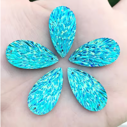 15*29mm Aqua Blue AB Phoenix Texture Long Teardrop, Glue on, Resin Gem, (Sold in Pair) Resin Gems