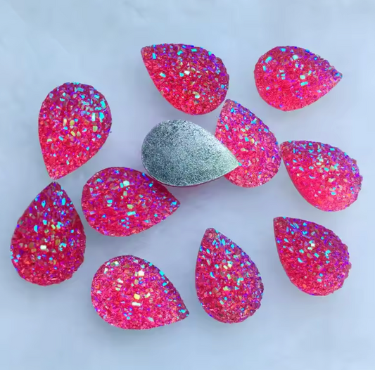 10*14mm Hot Pink Mixed Druzy Teardrop in, Glue on, Resin Gem, (Sold in Pair) Resin Gems