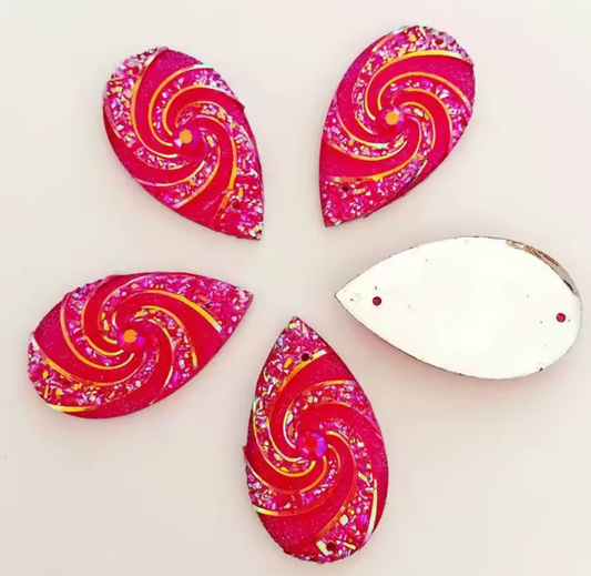16*28mm Pink AB Whirlwind AB Long Teardrop Flat Back, Sew On, Resin Gem, (Sold in Pair) Resin Gems