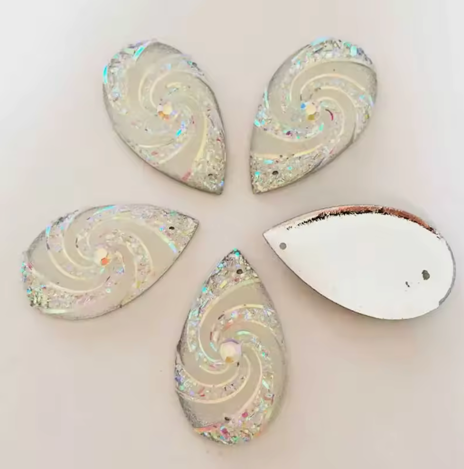 16*28mm White AB Whirlwind AB Long Teardrop Flat Back, Sew On, Resin Gem, (Sold in Pair) Resin Gems