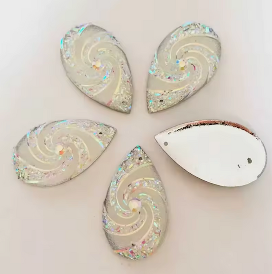 16*28mm White AB Whirlwind AB Long Teardrop Flat Back, Sew On, Resin Gem, (Sold in Pair) Resin Gems