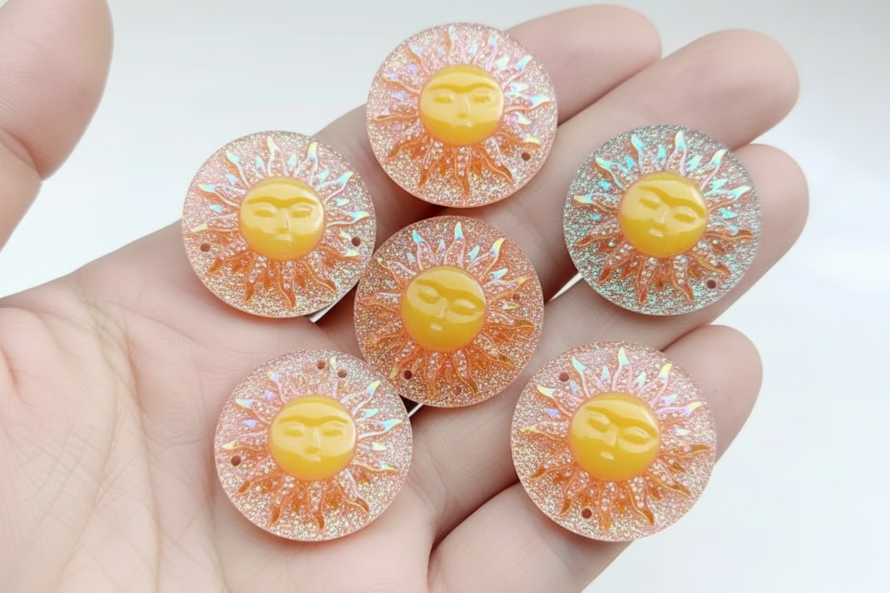 25mm Light Orange Sunbeam Sun Design AB, Sew on, Resin Gems Sold in pair) Resin Gems