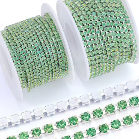 Ss6 Mocha Light Green AB Stone on Silver Rhinestone Chain (Sold in Yard) Metal Rhinestone Chain