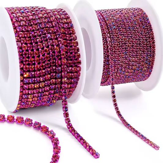 Ss6 Fuchsia Volcano Stone On Fuchsia Coloured Chain, (Sold by Yard) SS6 Metal Rhinestone Chain