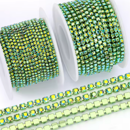 Ss6 Light Green AB Stone On Light Green Coloured Chain, (Sold by Yard) Sundaylace Creations & Bling