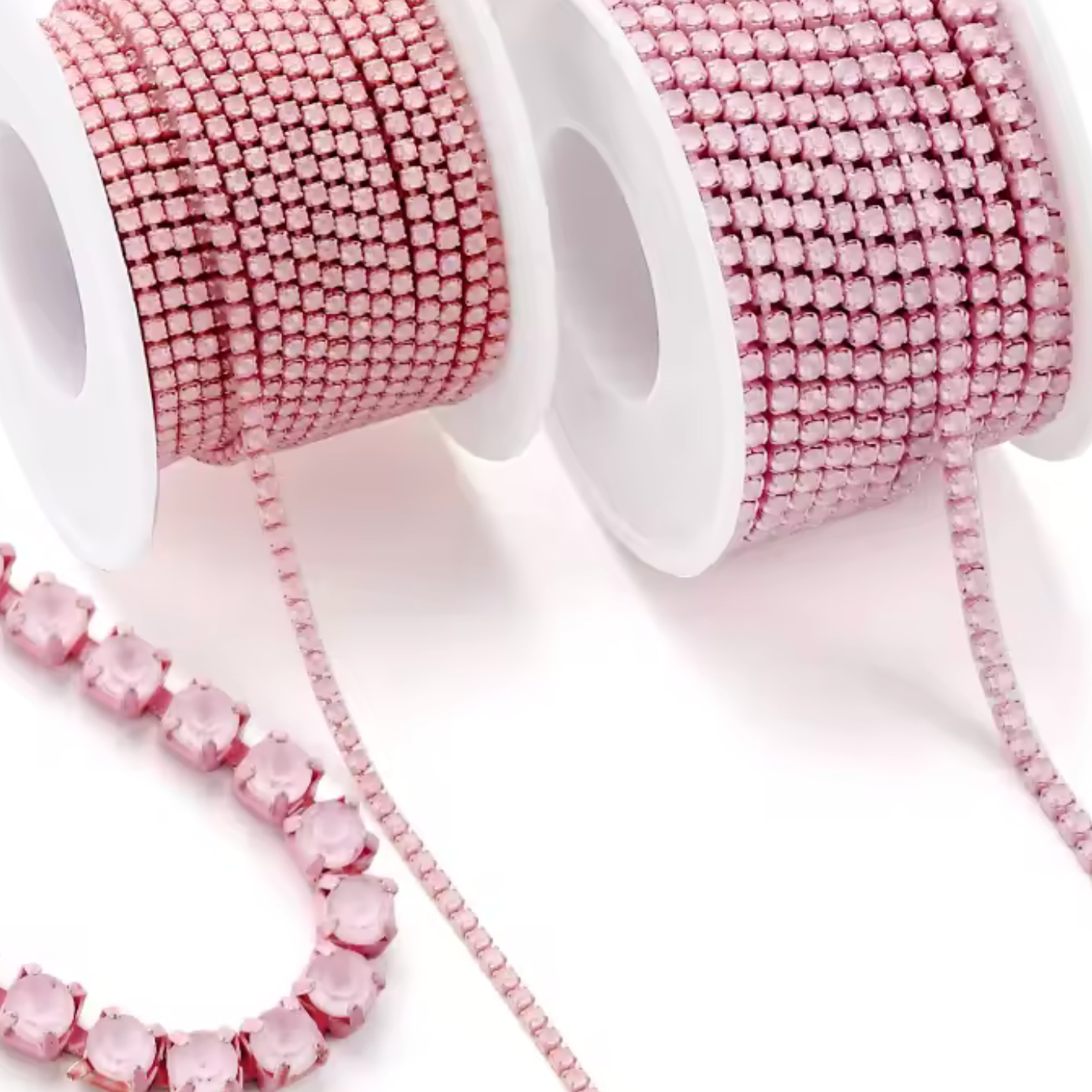 Ss6 Jelly Light Pink On Light Pink Coloured Chain, (Sold by Yard) SS6 Metal Rhinestone Chain