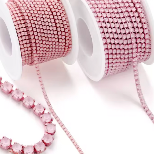 Ss6 Jelly Light Pink On Light Pink Coloured Chain, (Sold by Yard) SS6 Metal Rhinestone Chain