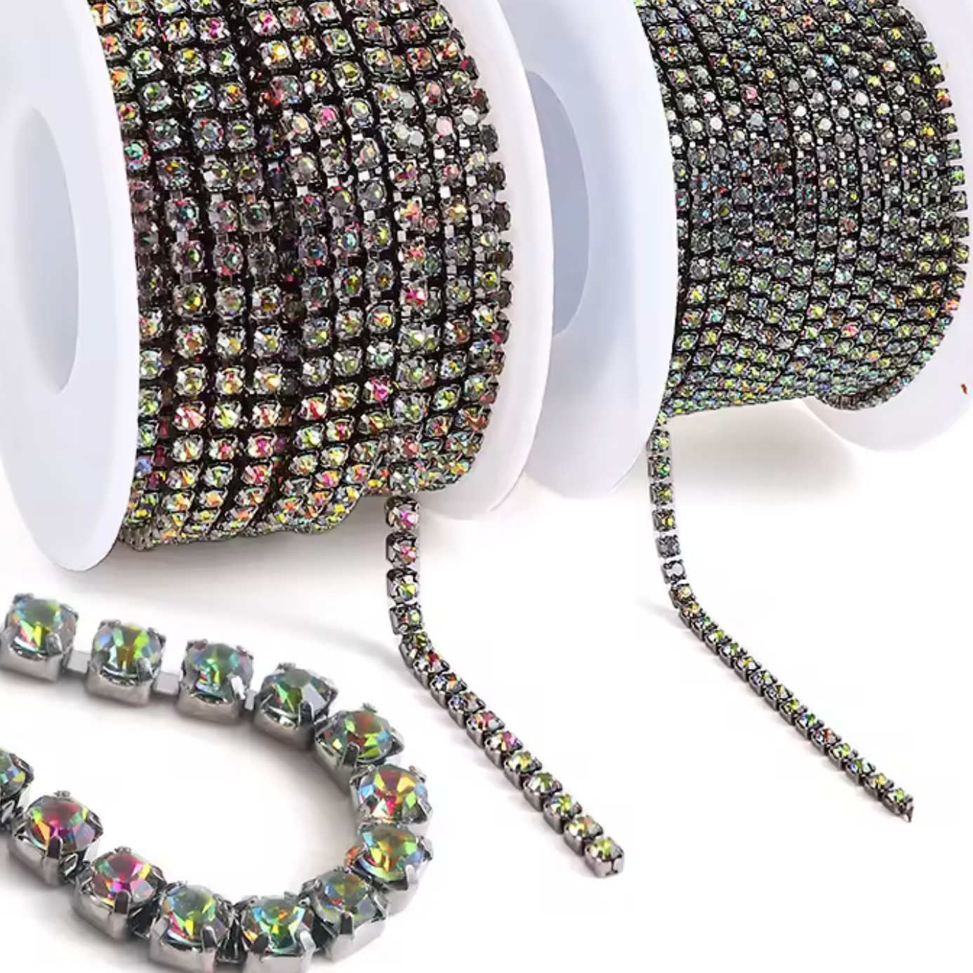 Ss6 Rainbow Volcano Stone On Silver Chain, (Sold by Yard) SS6 Metal Rhinestone Chain