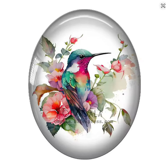 13*18mm Watercolour Humming Bird Acrylic Oval, Glue On, Resin Gem, (Sold in Pair) Resin Gems