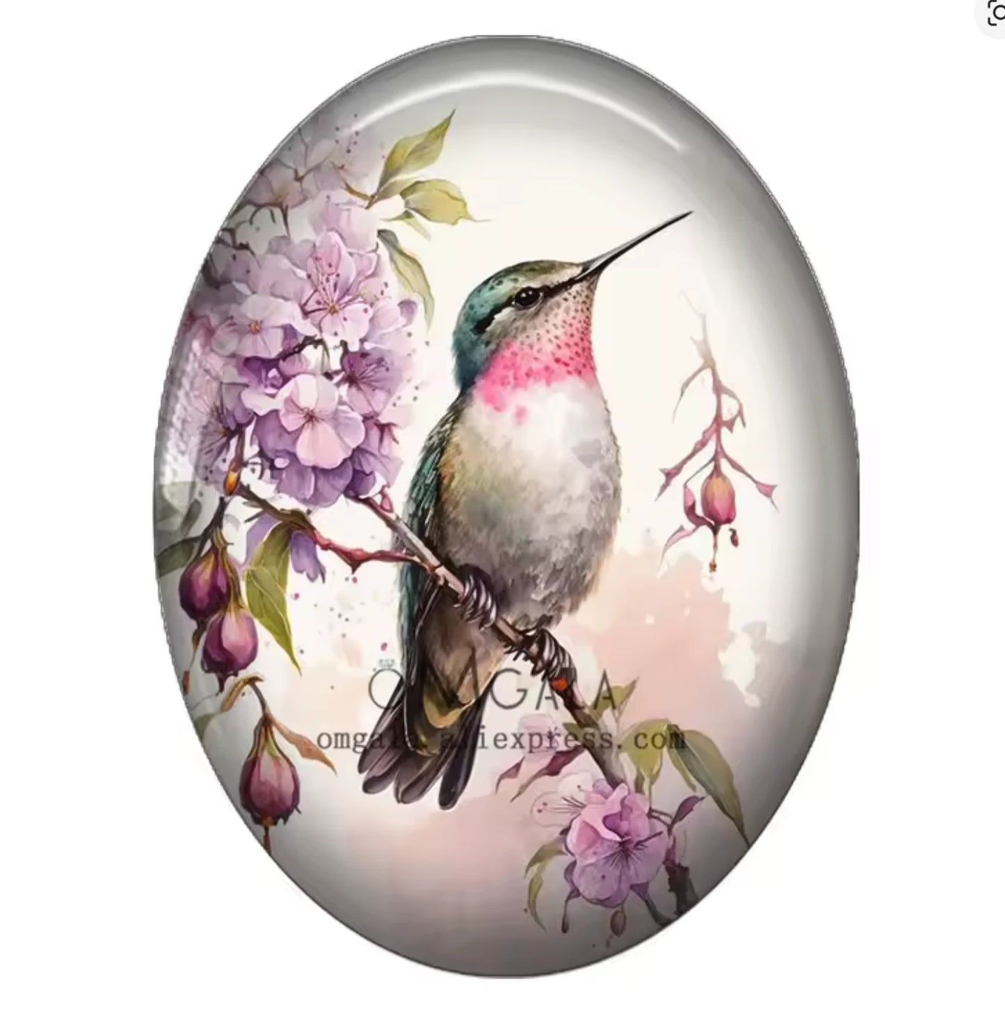 13*18mm Watercolour Humming Bird Floral Acrylic Oval, Glue On, Resin Gem, (Sold in Pair) (Copy) Resin Gems