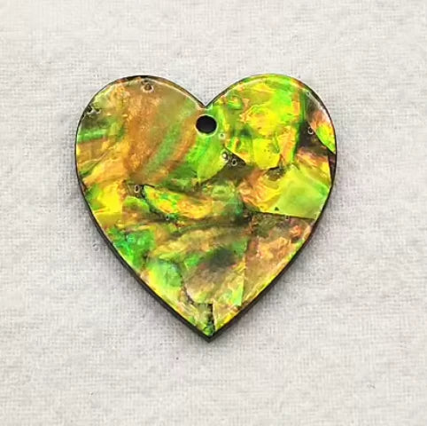 31*31mm Golden Yellow Green Abalone Shell Print Large Heart shaped, with one hole, Resin Shell Gem (Sold in Pair) Resin Gems