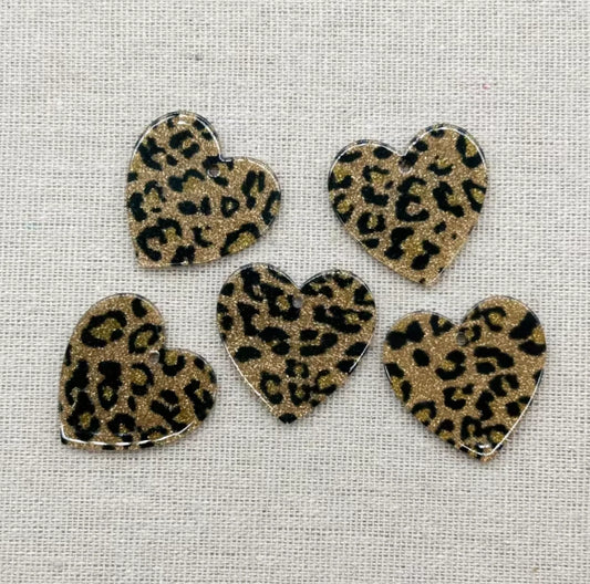 25mm Animal Print Dark Brown Gold Glitter Heart Acrylic, Sew on, Resin Gem (Sold in Pair) Resin Gems