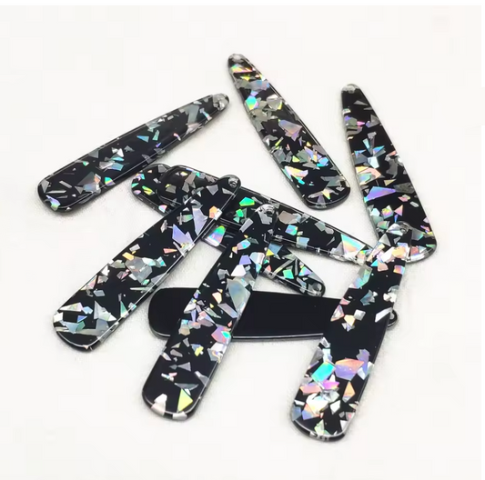 11*55mm White AB Holographic Flakes Glitter Flakes on Black Long Teardrop Large One Hole, Sew On, Resin Gem, (Sold in Pair) Resin Gems