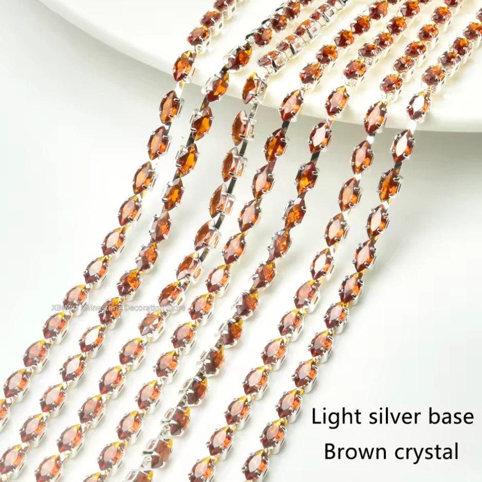 3*6mm Coffee Topaz Navette DIAMOND STONE with Silver Rhinestone Fancy Metal Chain, Sold in 36" Sundaylace Creations & Bling