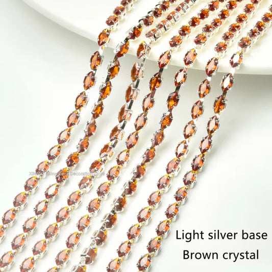 3*6mm Coffee Topaz Navette DIAMOND STONE with Silver Rhinestone Fancy Metal Chain, Sold in 36" Sundaylace Creations & Bling