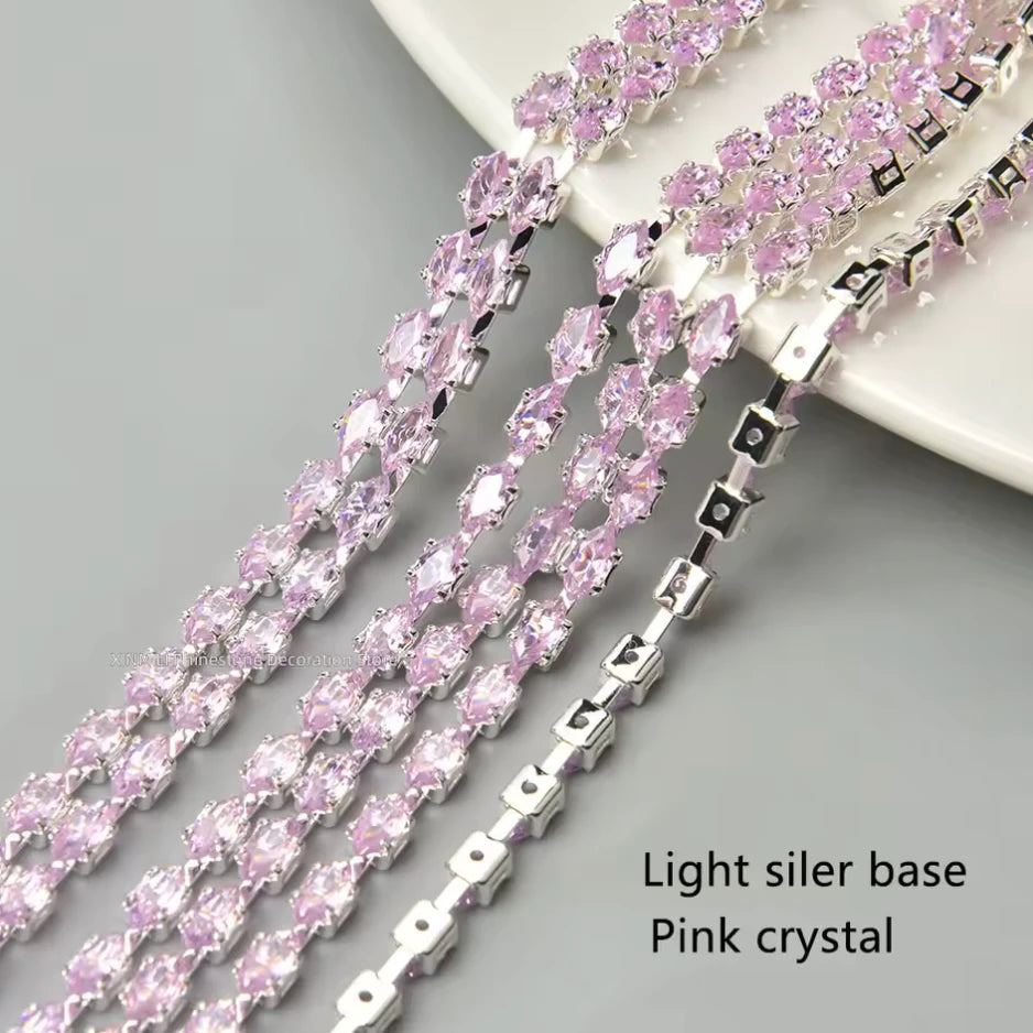 3*6mm Pink Navette DIAMOND STONE with Silver Rhinestone Fancy Metal Chain, Sold in 36" Sundaylace Creations & Bling