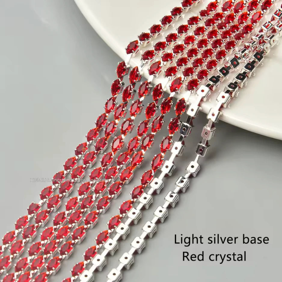 3*6mm Red Navette DIAMOND STONE with Silver Rhinestone Fancy Metal Chain, Sold in 36" Sundaylace Creations & Bling
