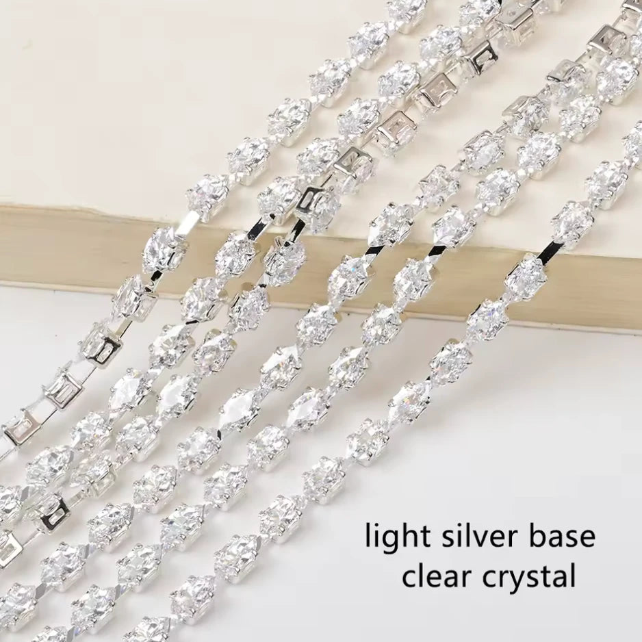 3*6mm Clear Navette Diamond Stone with BRIGHT Silver Rhinestone Fancy Metal Chain, Sold in 36" (Copy) Sundaylace Creations & Bling