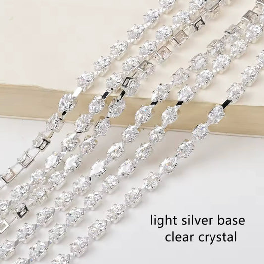 3*6mm Clear Navette Diamond Stone with BRIGHT Silver Rhinestone Fancy Metal Chain, Sold in 36" (Copy) Sundaylace Creations & Bling