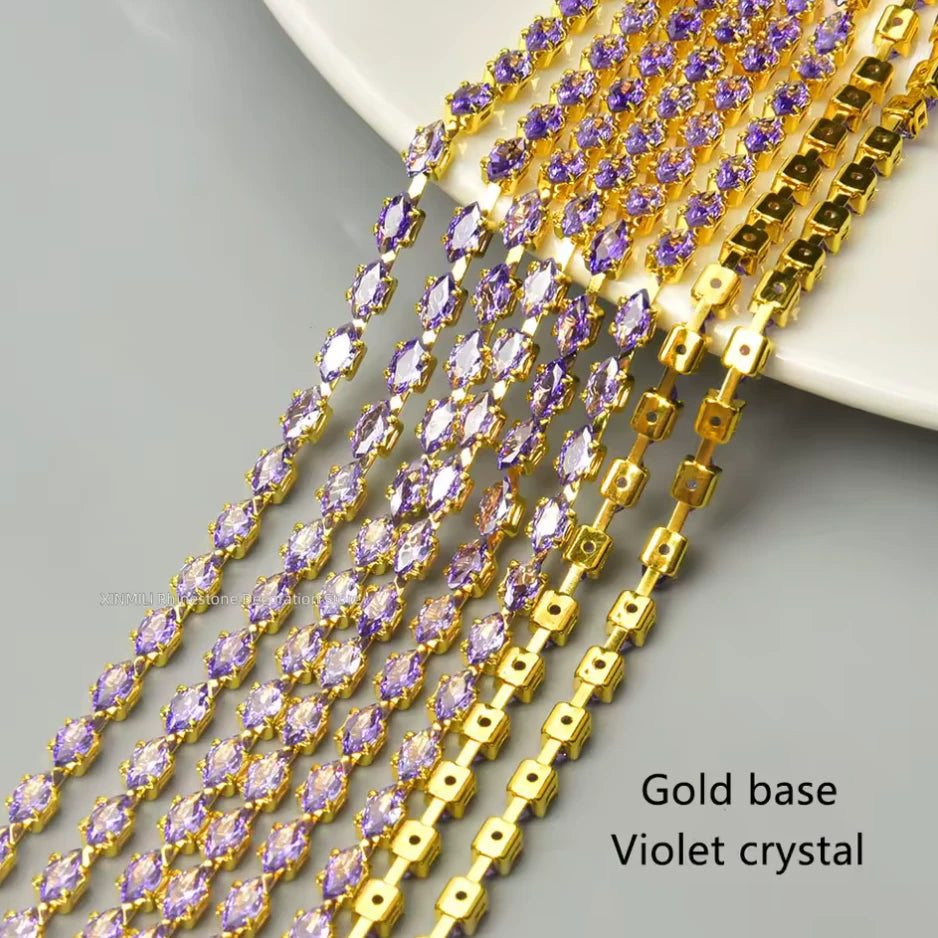 3*6mm Purple Navette DIAMOND STONE with Gold Rhinestone Fancy Metal Chain, Sold in 36" *RARE* Sundaylace Creations & Bling