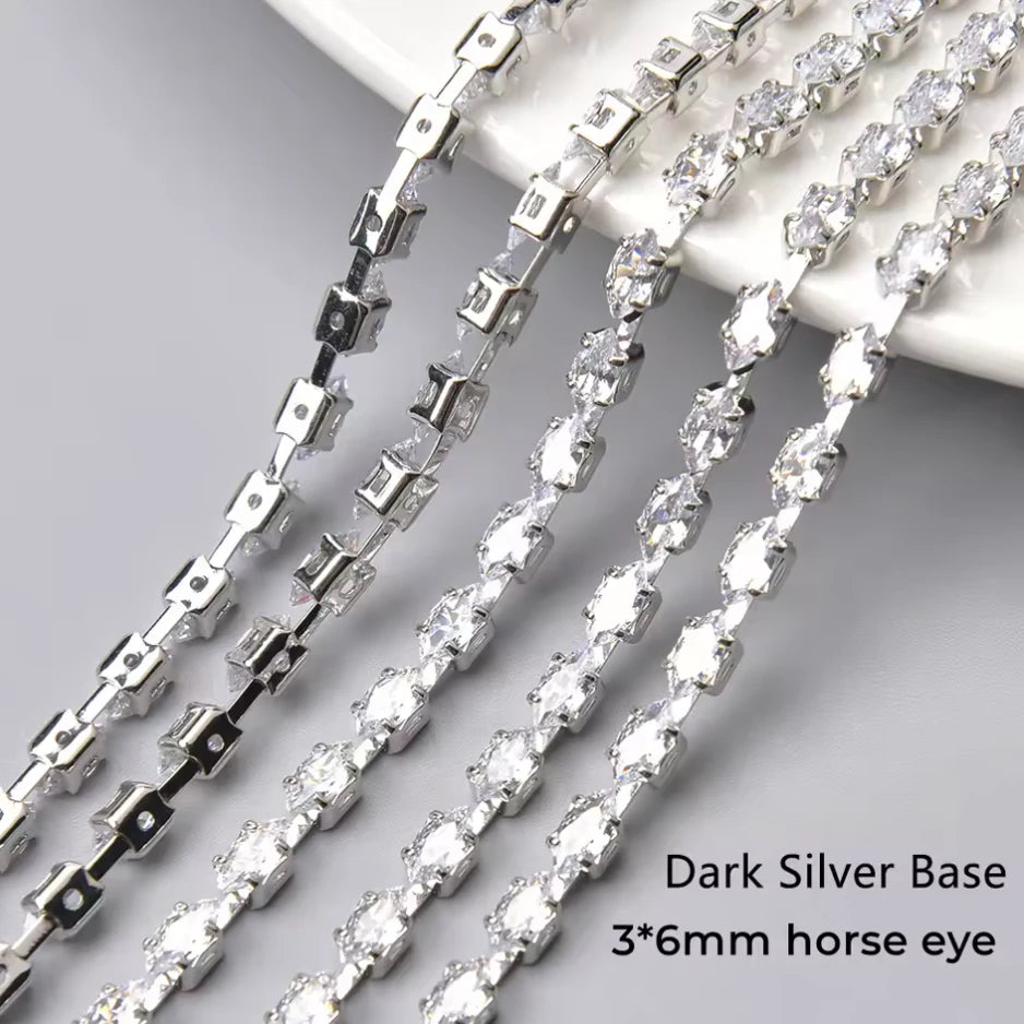 3*6mm Clear Navette Diamond Stone with DARK Silver Rhinestone Fancy Metal Chain, Sold in 36" (Copy) Sundaylace Creations & Bling