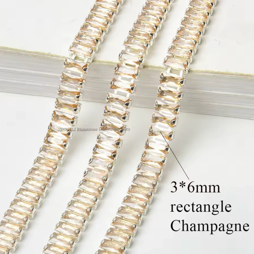 2.5*5mm Peach Silk  RECTANGLE STONE with SILVER Rhinestone Metal Chain, Sold in 18" *RARE* Metal Rhinestone Chain