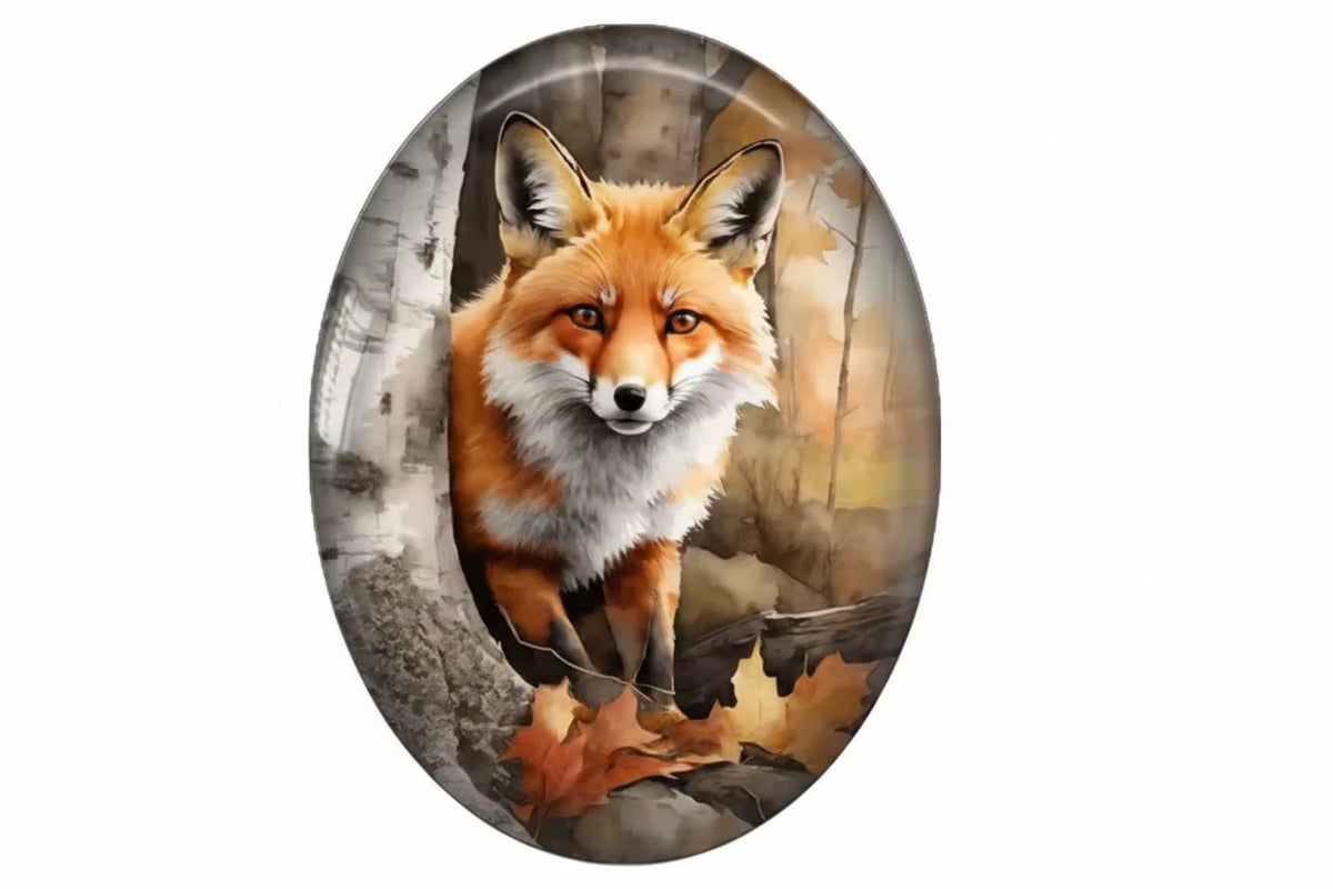 13*18mm Curious Fox in Woods Acrylic Printed Oval, Glue on, Resin Gem (Sold in Pair) Resin Gems