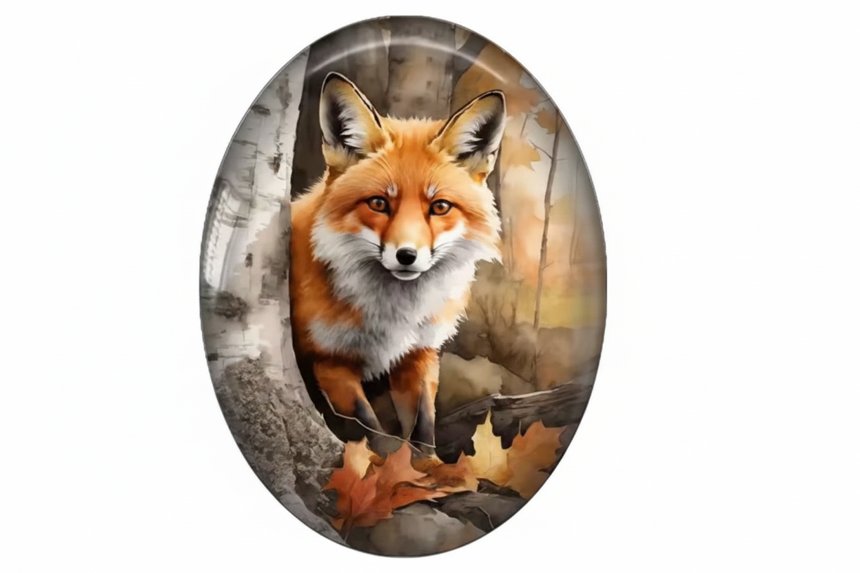 13*18mm Curious Fox in Woods Acrylic Printed Oval, Glue on, Resin Gem (Sold in Pair) Resin Gems